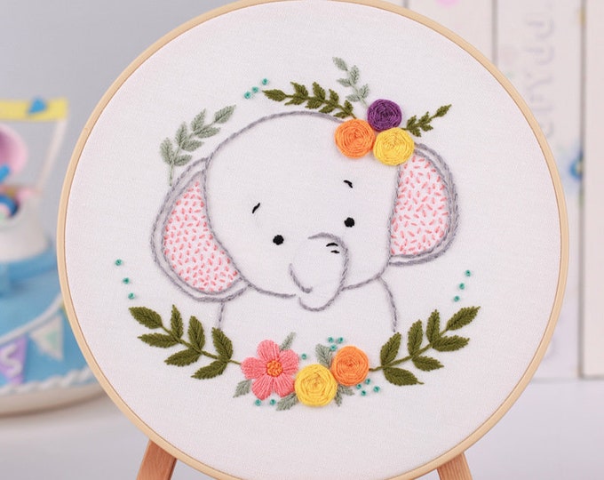 Embroidery Kit For Beginner| Modern Embroidery Kit with Pattern| Animal | Elephant Embroidery Full Kit with Needlepoint Hoop| DIY Craft Kit