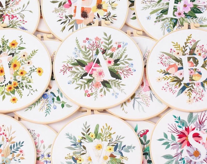 Floral Alphabet Embroidery Kit – Beginner Friendly DIY Craft Set Personalized Hand Embroidery Kit | A-Z Letter Floral Pattern | Modern Hoop