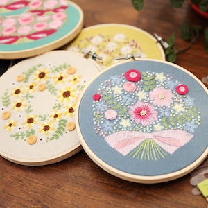 Floral Beginner Embroidery Kit | Modern Flower Plant Hand Embroidery Full Kit | DIY Floral Needlepoint Hoop Wall Art Kit | Wall Decor
