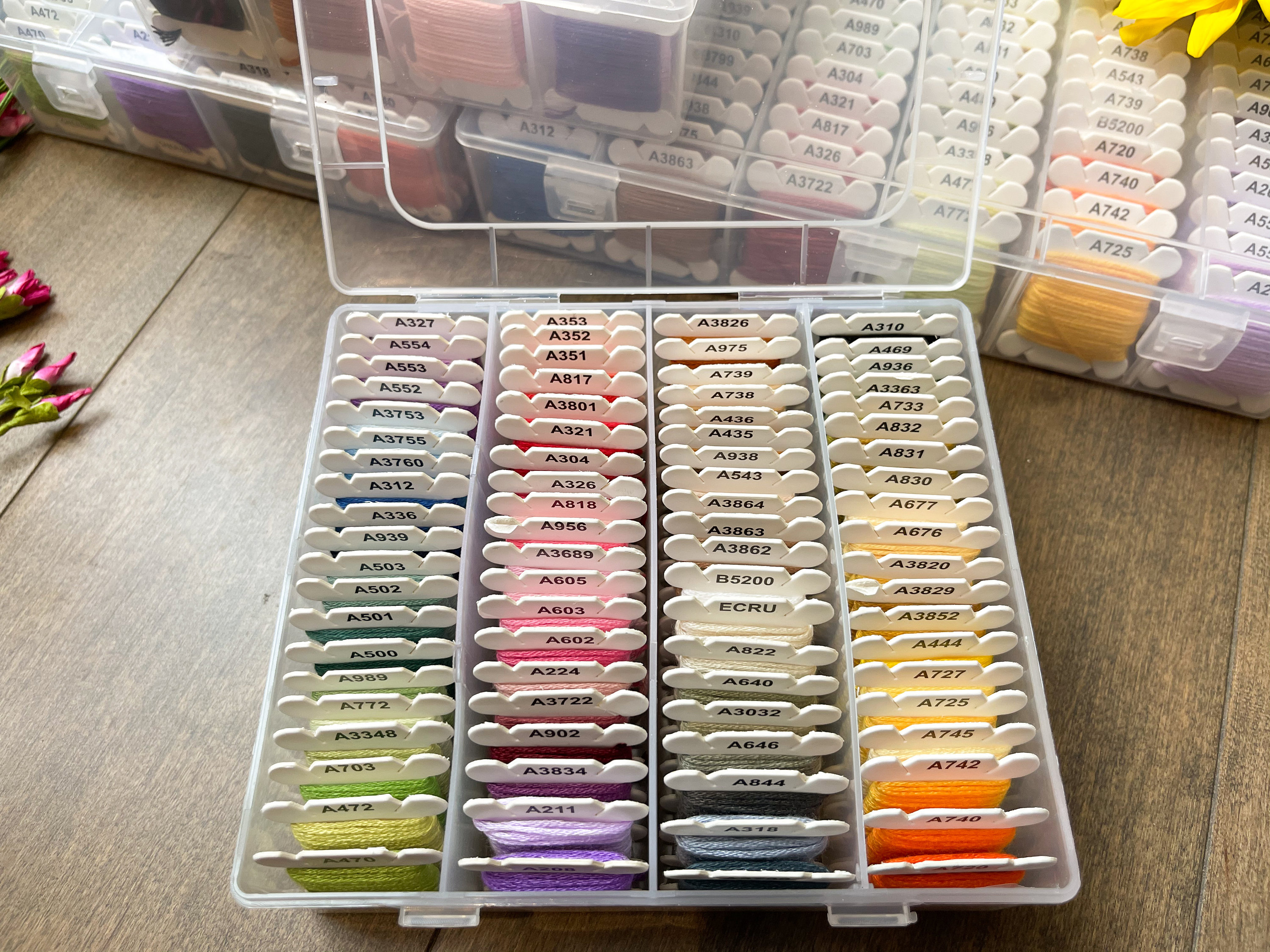 Life at Meadowcreek: New Embroidery Floss Storage. Floss wound on bobbins  and loose skeins