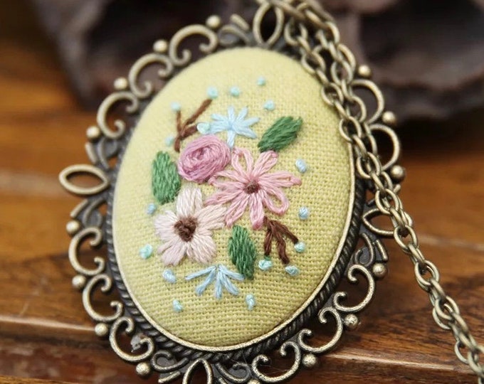 Beginner Embroidery Kit necklace | Embroidered jewelry decor|Embroidered pendant|Handmade embroidery necklace|embroidery chain|gifts for her