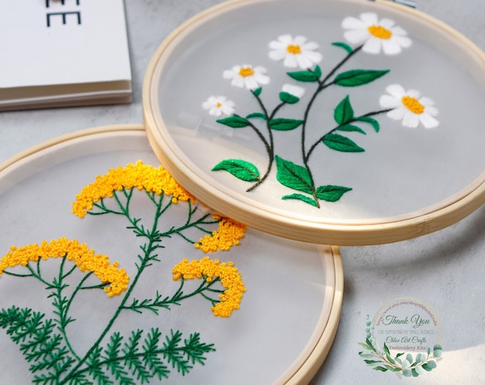 Plants Transparent Embroidery Kit for Beginner,Flower diy Kit, Beginner Hand Embroidery Full Kit ,Diy Start Up Embroidery Set with Pattern