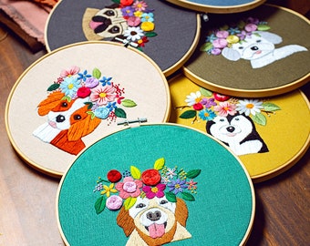 Embroidery Kit For Beginner| Modern Embroidery Kit with Pattern| Pet Embroidery Full Kit with Needlepoint Hoop| DIY Craft Kit Dog Pattern