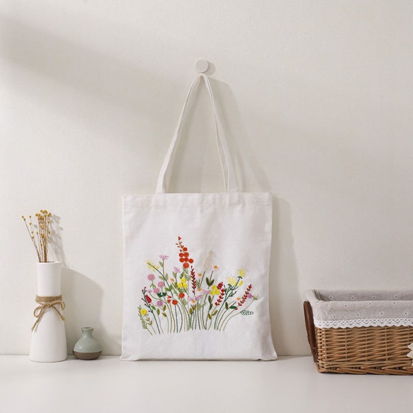 Embroidery Kit Canvas Bag|Modern Flower Pattern Hand Embroidery Kit|Beginner Canvas Tote Bag|Go Green Eco-Friendly DIY Embroidered Tote bag