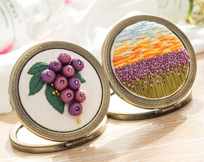 Mirror Embroidery Kit For Beginner | Modern Crewel Embroidery Kit with Pattern | Floral Compacts Mirrors | Needlepoint Hoop| DIY Craft Kit