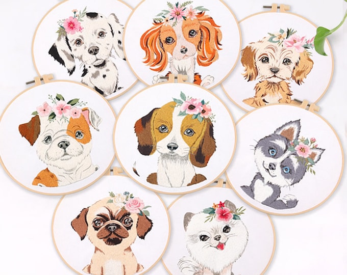 Embroidery Kit For Beginner| Modern Embroidery Kit with Pattern| Pet Embroidery Full Kit with Needlepoint Hoop| DIY Craft Kit Dog Pattern