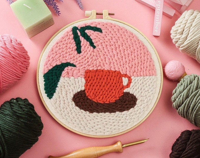Coffee Punch Needles Start Kit / Beginner Punch Needle Kit with Punch Needle / Punch Needle Kit with Yarn, All Materials Included