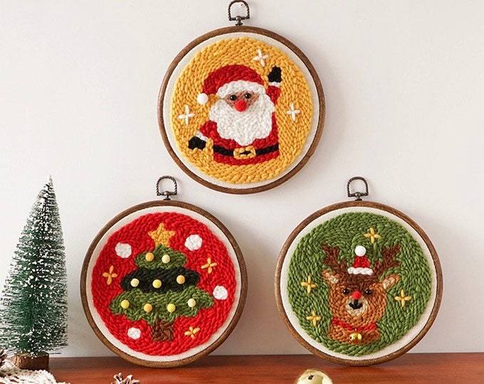 Christmas Punch Needles Start Kit/ Beginner Punch Needle Kit with Adjustable Punch Needle/ Punch Needle Kit with Yarn/All Materials Included