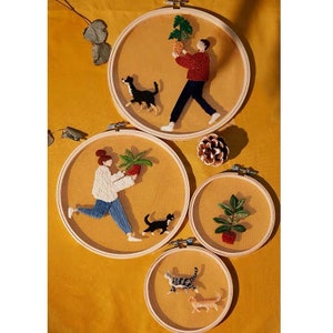 Cat Transparent Embroidery Kit for Beginner,Flower diy Kit, Beginner Hand Embroidery Full Kit ,Diy Start Up Embroidery Set with Pattern Gift