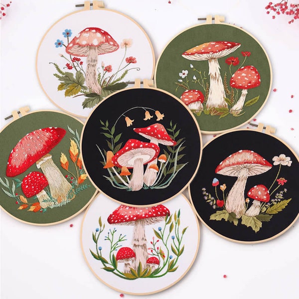 Embroidery Kit For Beginner| Modern Crewel Embroidery Kit with Pattern| Embroidery Hoop |Craft Materials Included Full DIY KIT | Mushrooms