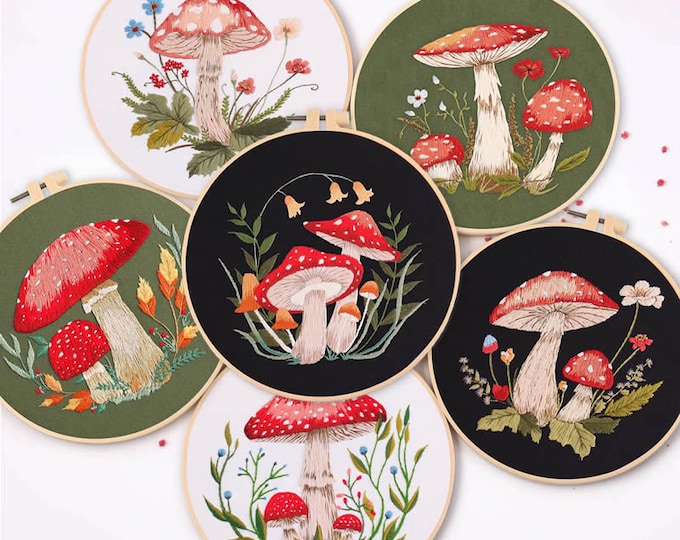 Embroidery Kit For Beginner| Modern Crewel Embroidery Kit with Pattern| Embroidery Hoop |Craft Materials Included Full DIY KIT | Mushrooms