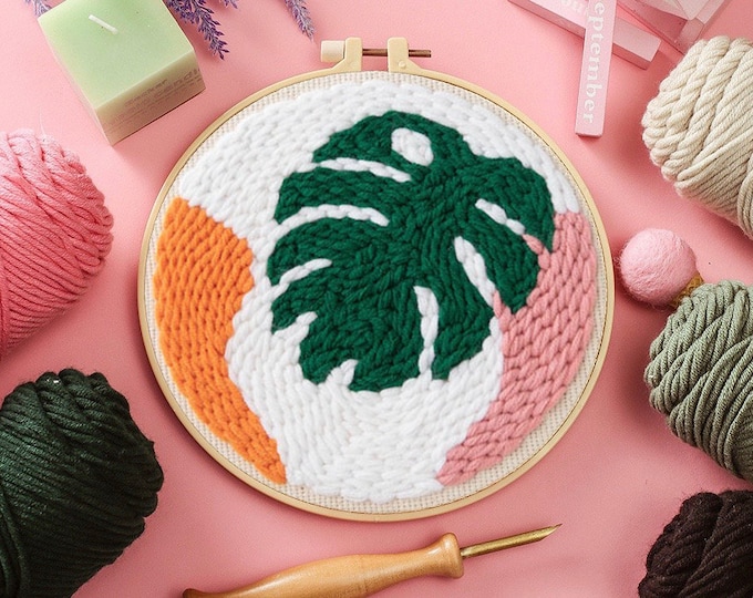 Monstera Punch Needles Start Kit / Beginner Punch Needle Kit / Adjustable Punch Needle / Punch Needle Kit with Yarn / DIY Craft Kit
