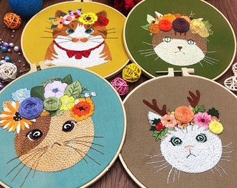 Cat Embroidery Kit For Beginner| Modern Embroidery Kit with Pattern| Embroidery Hoop Plants |Craft Materials Included | Full DIY KIT Gift