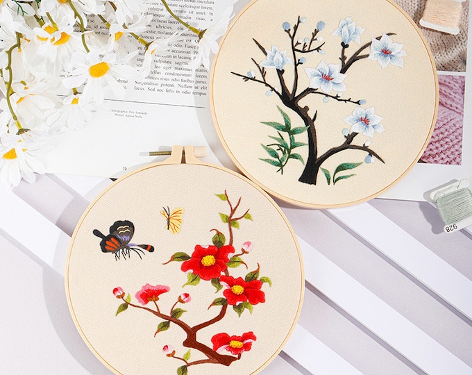 Embroidery Kit For Beginner| Modern Embroidery Kit with Pattern| Flowers Embroidery Full Kit with Needlepoint Hoop| DIY Craft Kit Flowers