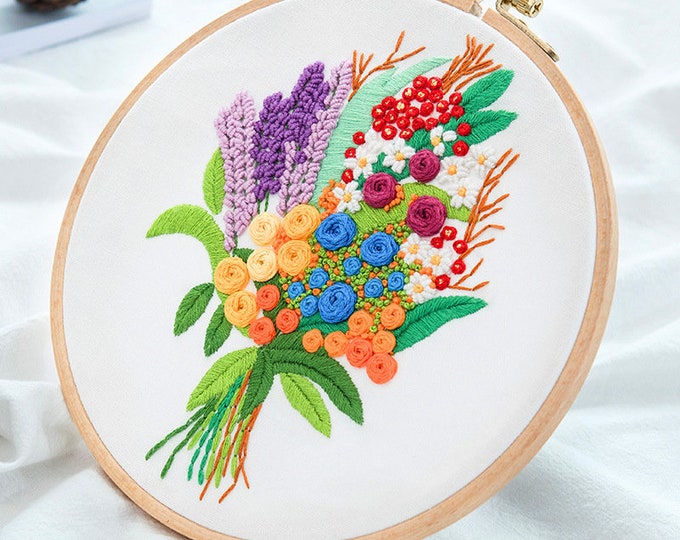 Floral Beginner Embroidery Kit - Modern Flower Plant Hand Embroidery Full Kit - DIY Floral Needlepoint Hoop Wall Art Kit DIY Craft Kit