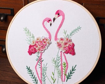 Embroidery Kit For Beginner| Modern Embroidery Kit with Pattern| Flamingo Embroidery Full Kit with Needlepoint Hoop| DIY Craft Kit