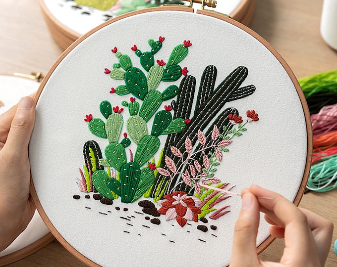Embroidery Kit For Beginner| Modern Embroidery Kit with Pattern| Wood Embroidery Hoop Plants |Craft Materials Included | Full DIY KIT Plants