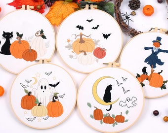 Happy Halloween Embroidery Kit For Beginner | Modern Crewel Embroidery Kit with Pattern | Floral Embroidery | Needlepoint Hoop|DIY Craft Kit