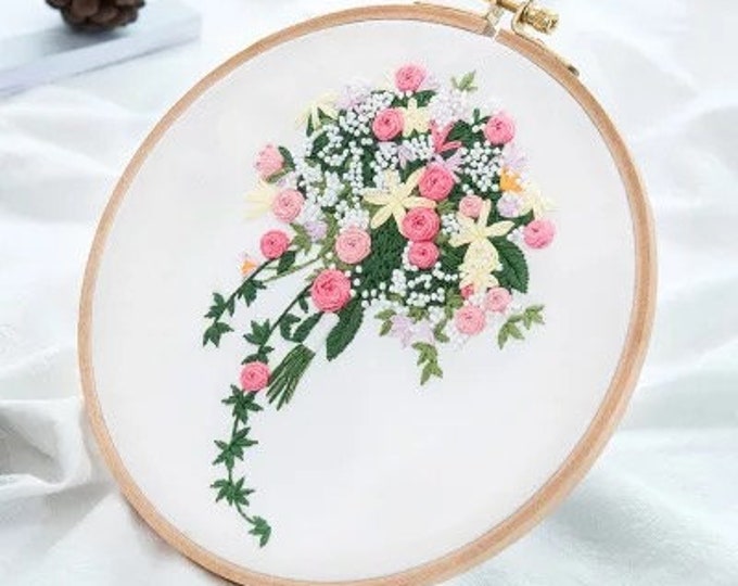 Floral Beginner Embroidery Kit - Modern Flower Plant Hand Embroidery Full Kit - DIY Floral Needlepoint Hoop Wall Art Kit DIY Craft Kit