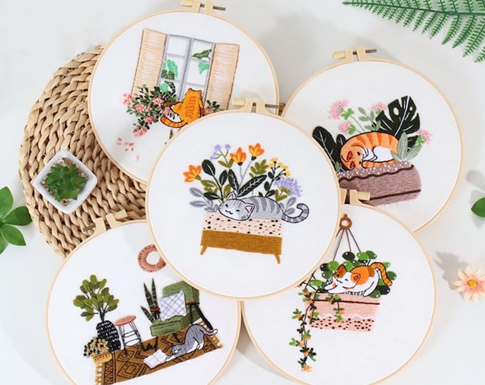 Cat Embroidery Kit For Beginner | Modern Crewel Embroidery Kit with Pattern | Floral  Embroidery Full Kit Needlepoint Hoop| DIY Craft Kit