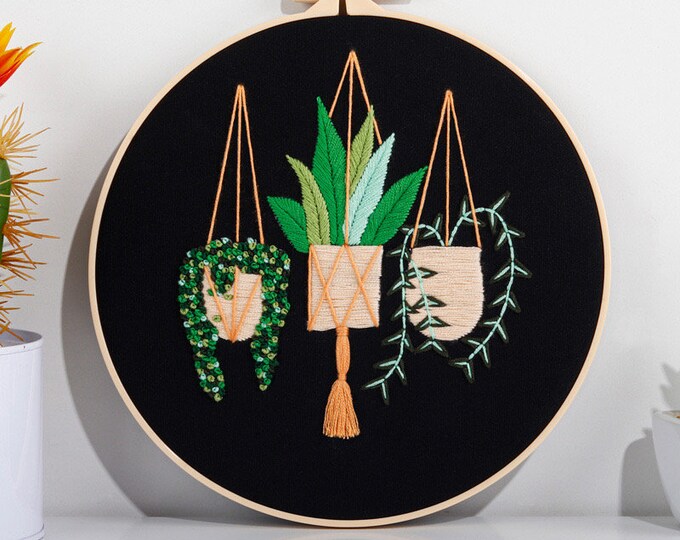 Embroidery Kit For Beginner| Modern Crewel Embroidery Kit with Pattern| Embroidery Hoop Plants |Craft Materials Included Full DIY KIT Plants