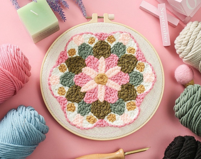Flower Punch Needles Start Kit/ Beginner Punch Needle Kit with Adjustable Punch Needle/ Punch Needle Kit with Yarn/All Materials Included