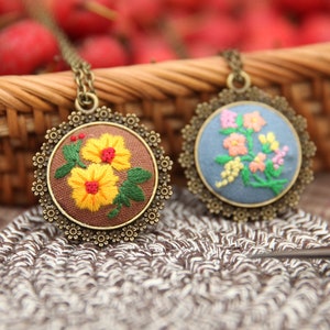 Beginner Embroidery Kit Necklace | Embroidered jewelry decor|Embroidered pendant|Handmade embroidery necklace|embroidery chain|gifts for her