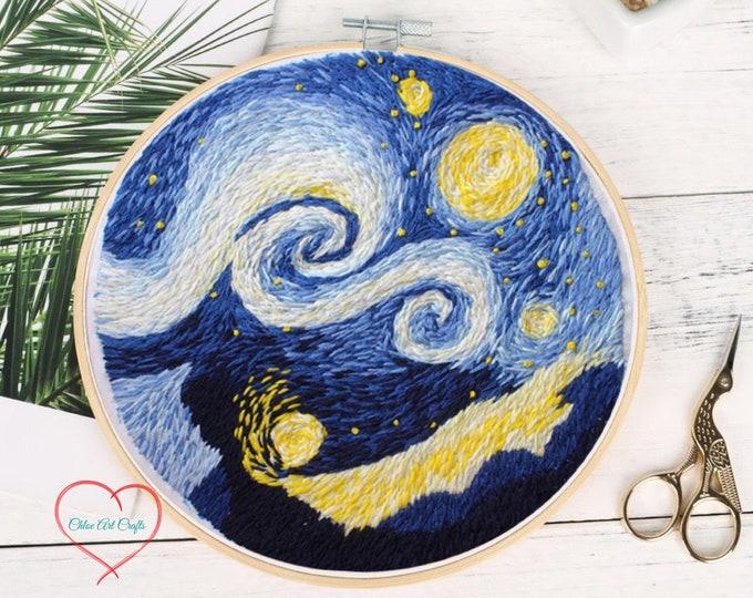 Van Gogh Starry Night Embroidery Kit For Beginner| Modern Embroidery Kit with Pattern| Embroidery Kit with Needlepoint Hoop| DIY Craft Kit