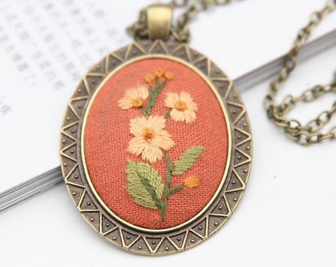 Beginner Embroidery Kit necklace | Embroidered jewelry decor|Embroidered pendant|Handmade embroidery necklace|embroidery chain|gifts for her