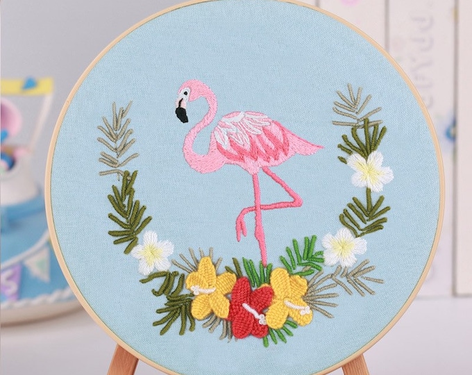Embroidery Kit For Beginner| Modern Embroidery Kit with Pattern| Flowers Embroidery Full Kit with Needlepoint Hoop| DIY Craft Kit Flamingo