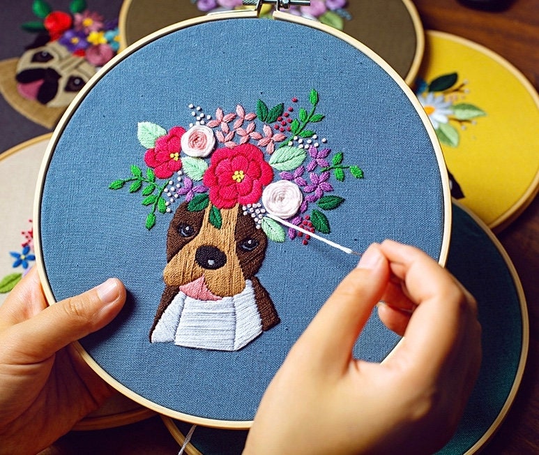 Embroidery Kit for Beginner Modern Crewel Embroidery Kit With Pattern Pet  Embroidery Full Kit With Needlepoint Hoop DIY Craft Kit Dog 