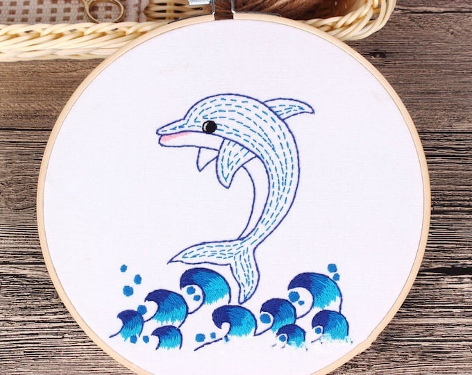 Embroidery Kit For Beginner| Modern Embroidery Kit with Pattern| Embroidery Full Kit with Needlepoint Hoop| DIY Craft Kit Dolphin