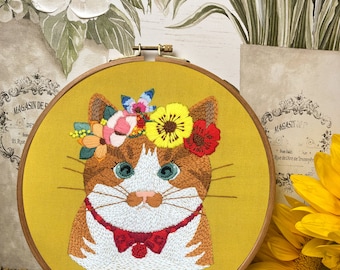 Cat Crewel Embroidery Kit For Beginner Modern Embroidery Kit with Pattern Embroidery Hoop Plants Craft Materials Included Full DIY KIT Gift