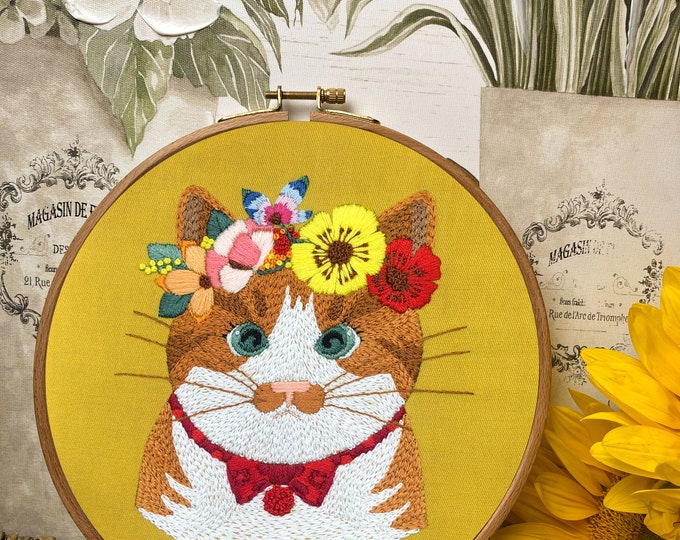 Cat Crewel Embroidery Kit For Beginner Modern Embroidery Kit with Pattern Embroidery Hoop Plants Craft Materials Included Full DIY KIT Gift