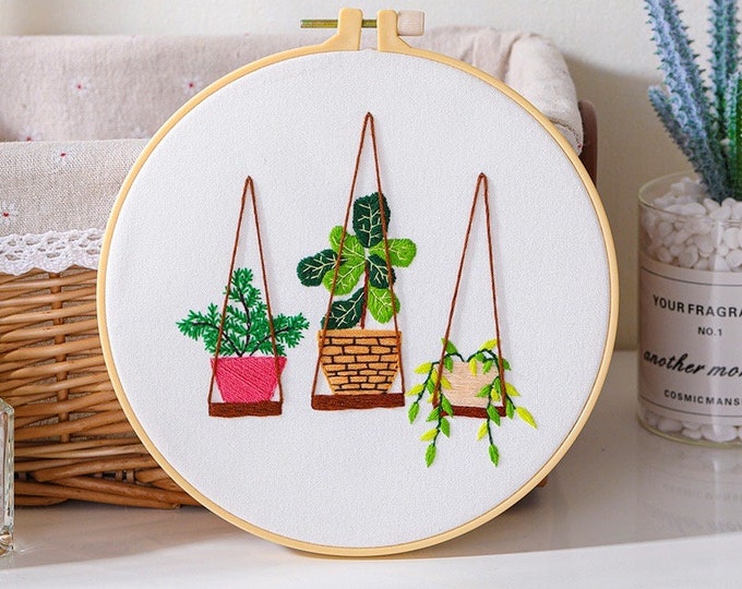 Embroidery Kit For Beginner| Modern Crewel Embroidery Kit with Pattern| Embroidery Hoop Plants |Craft Materials Included Full DIY KIT Plants