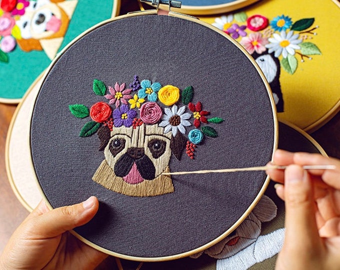 Embroidery Kit For Beginner| Modern Embroidery Kit with Pattern| Pet Embroidery Full Kit with Needlepoint Hoop| DIY Craft Kit Dog Pattern