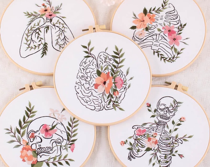 Embroidery Kit For Beginner| Modern Crewel Easy Embroidery Kit with Pattern| Embroidery Hoop Plants | Full Embroidery DIY KIT | Skeleton