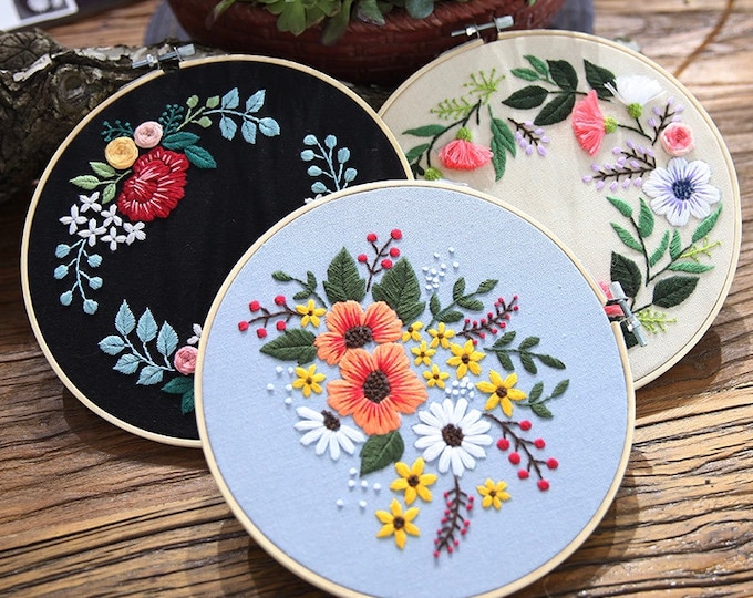 Embroidery Kit For Beginner| Modern Embroidery Kit with Pattern|Embroidery Full Kit with Needlepoint Hoop| DIY Craft Kit Double Hoops