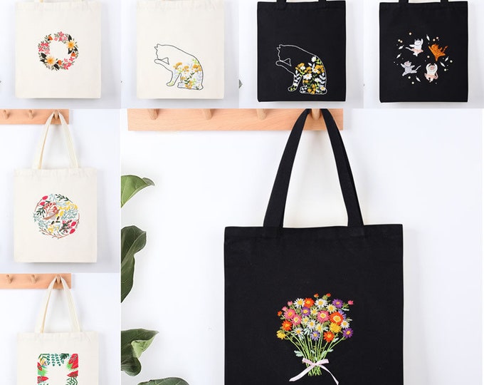 Embroidery Kit Canvas Bag|Modern Flower Pattern Hand Embroidery Kit|Beginner Canvas Tote Bag|Go Green Eco-Friendly DIY Embroidered Tote bag