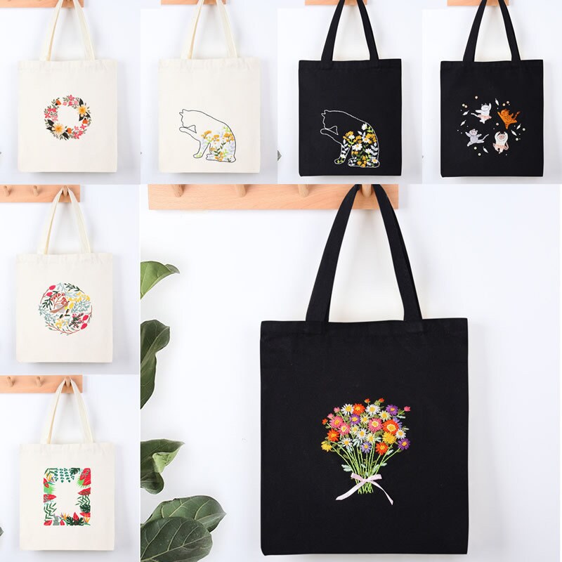 Flowers Shoulder Bag Embroidery Kit for Beginners, Floral Canvas Tote Bag  Kit, Handbags, DIY Weekender Bag, Shopping Bag 