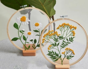 Plants Transparent Embroidery Kit for Beginner,Flower diy Kit, Beginner Hand Embroidery Full Kit ,Diy Start Up Embroidery Set with Pattern