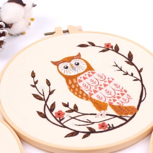 Owl Embroidery Kit For Beginner | Modern Flower Embroidery Kit with Pattern | Embroidery Full Kit with Needlepoint Hoop| DIY Craft Kit