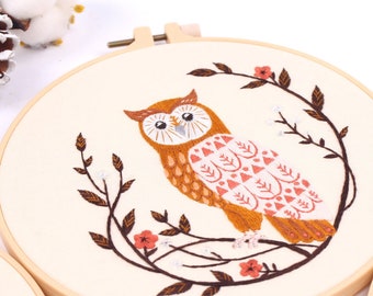 Owl Embroidery Kit For Beginner | Modern Flower Embroidery Kit with Pattern | Embroidery Full Kit with Needlepoint Hoop| DIY Craft Kit