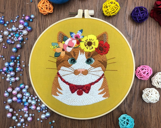 Cat Embroidery Kit For Beginner| Modern Embroidery Kit with Pattern| Embroidery Hoop Plants |Craft Materials Included | Full DIY KIT Gift