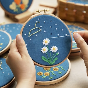 Zodiac Constellation Embroidery Kit For Beginner|Modern Embroidery Kit with Pattern Embroidery Full Kit with Needlepoint Hoop DIY Craft Kit