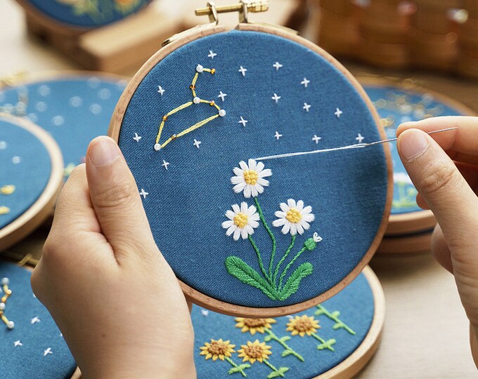 Zodiac Constellation Embroidery Kit For Beginner|Modern Embroidery Kit with Pattern Embroidery Full Kit with Needlepoint Hoop DIY Craft Kit