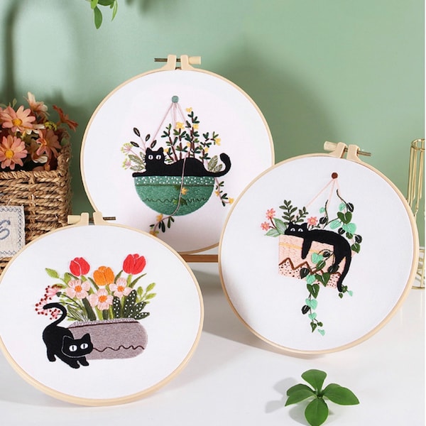 Katzen Stickpackung: Modernes Floral Crewel Anfänger DIY Handwerk