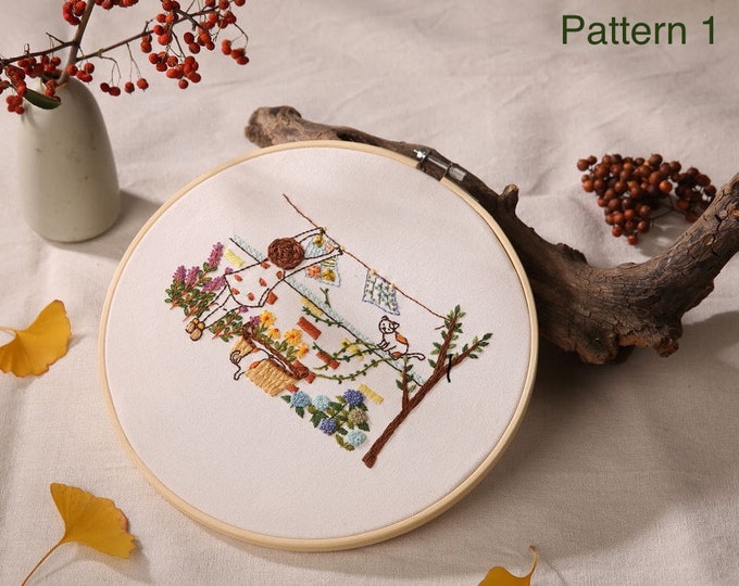 Embroidery Kit For Beginner| Modern Embroidery Kit with Pattern| Flowers Embroidery Full Kit with Needlepoint Hoop| DIY Craft Kit