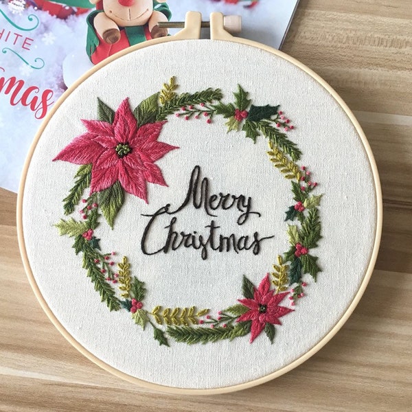 DIY Embroidery Full Kit for Beginners | Modern Embroidery Pattern | DIY Craft Kit Adult | Christmas Hand Embroidery Supplies | DIY Hoop Art