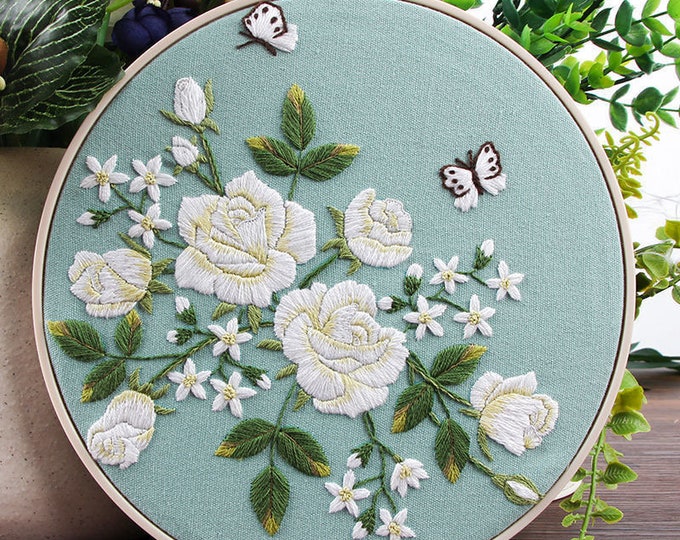 DIY Embroidery Kit For Beginner | Modern Flower Embroidery Kit with Pattern | Embroidery Full Kit with Needlepoint Hoop| DIY Craft Kit